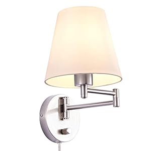 VONLUCE Modern Adjustable Swing Arm Wall Lamp Brushed Nickel, Plug-in Wall Sconce Lighting for Bedroom Bedside, Living Room, Kitchen, Hallway, Wall Mounted Light Fixtures with White Fabric Shade