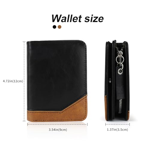 Mens Wallet, Minimalist Bifold Leather Wallet Fashion Multi Card Holder Wallet with Zipper Coin Pocket ID Window (Black)2
