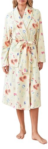 Thopavenoir Women Dressing Gown Flannel Robe Floral Fruit Print Shawl Collar Bathrobe for Hotel Spa Party Kimono Robe with Belt (Yellow, L)