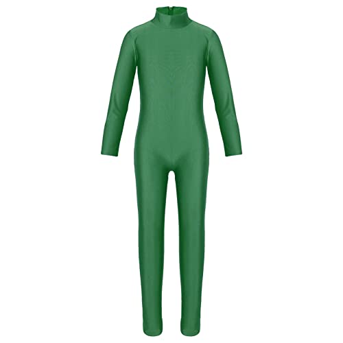 dPois Mädchen Langarm Gymnastikanzug Ganzanzug Ballett Trikot Bodysuit mit Stehkragen Reißverschluss Turnanzug für Training Fitness Sport Grün 110-116