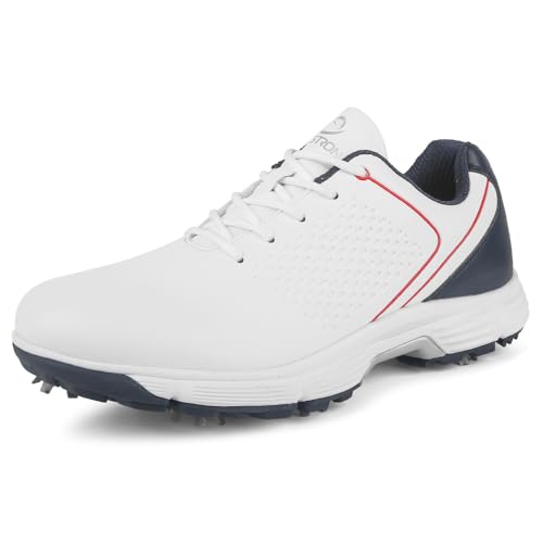 Find the Best Mens Golf Shoes with Spikes for Your Game 15 THESTRON Professional Golf Shoes for Men 7 Spikes Non-Slip Outdoor Golf Sport Training Sneakers Mens Comfortable Sport Shoes for Golfing Size 7-15 (10.5,White Blue Red)