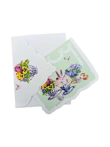 Image of Poster Foundry Pansy Teacups Boxed Note Cards by Carol Wilson. 10 embossed 4x5 Die-Cut Notecards and Matching Envelopes in Decorative Gift Box with Magnetic Flap. NCP2105