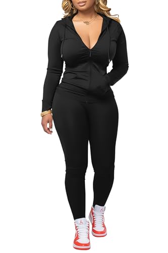 CLOCOR Sweat Suits for Women 2 Piece Outfits, Long Sleeve Zip-Up Hoodie Bodycon Jogger Sets Casual Tracksuit with Pocket Black L