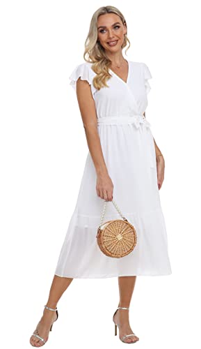 Image of VintageClothing Womens Sundress Casual Floral Summer Boho Dress | Flowy Wrap V Neck Ruffle A-Line Pleated Hem Midi Dresses
