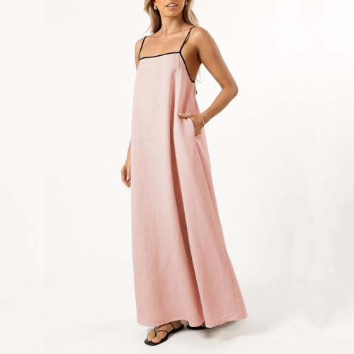 Image of Senllen Women's Linen Dress Summer Loose Flowy Sundress Contrast Spaghetti Strap Sleeveless Backless Beach Maxi Long Dresses