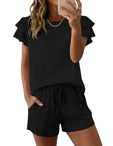 Image of Ekouaer Womens Pajama Sets 2 Piece Ruffle Sleeves Top and Shorts Pjs | Soft Sleepwear Cute Loungewear Set with Pockets for Sleep, Lounge, Wedding, Party, Bridal