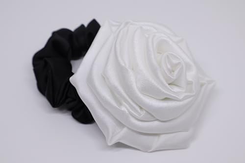 Image of Satin Scrunchie Hair Bands for Women | No-Damage Elastic Hair Ties for Ponytails & Buns | Fluffy & Stylish Rubber Bands | Free Size | Pack of 1 (Off White Rose)