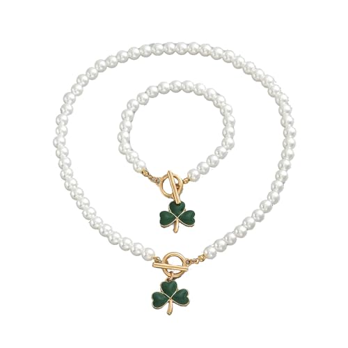 OIDIMS Shamrock Bracelet Necklace Jewelry Set for Women Elegant Pearl Ot Buckle Choker Dainty Leaf Clover Charm Bracelet Irish Luck Statement St.Patrick's Day Festival Fashion Jewelry for Mother