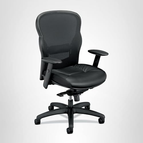 HON Wave High Back Ergonomic Office Chair with Leather Seat and Breathable Mesh Back, Adjustable Arms, Synchro‑Tilt Recline and Swivel Wheels for Desk and Computer Use, Black