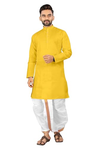 Image of UNIQUE MOMENTS Men's Cotton Dhoti Kurta Set with Full Sleeves Solid Pattern Modern Style and Mandarin Collar Neck | Perfect for Puja & Celebrations