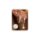 Anbrakts - Juego de 3 pares de aretes de aro de plata de ley 925 para mujer, hipoalergénicos, pequeños, de plata, aretes de circonita cúbica, aretes de cartílago para múltiples piercings, One Size