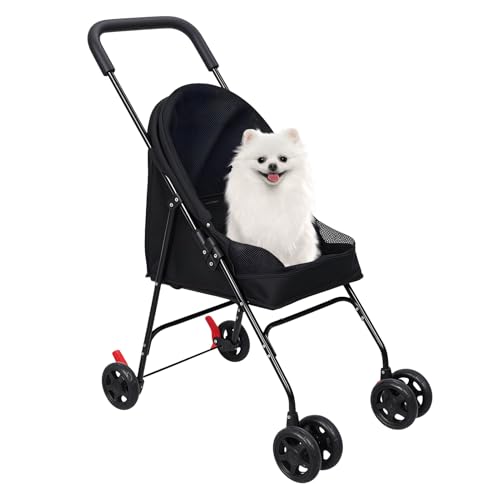 balurukt Pet Stroller with 4 Wheels for Small/Medium Pets | Foldable Dog Cat Cage Jogger Stroller with Weather Cover for All-Season Sun Cover | Breathable and Visible Mesh for Small/Medium Pets Black