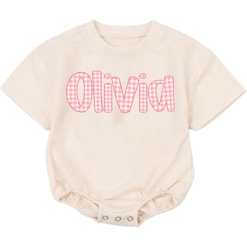 Personalized Bubble Romper with Pink Caro Pattern, Custom Name Baby Outfit, Sweatshirt Bodysuit Romper, For Baby Boys, Girls