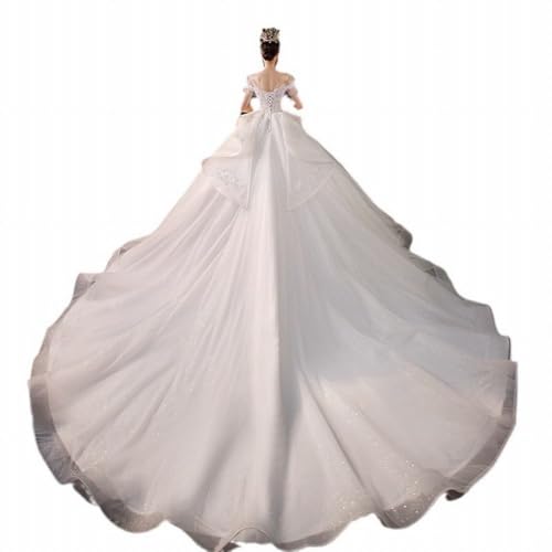 Novia de Boda Francesa Falda de Tul de Tul de Tela Gruesa de un Hombro Estilo de Corte de Cola Grande, APZKNHDA, White, 8