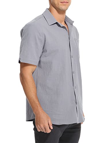 Tureface Men's Button Down Casual Shirt Short Sleeve Cotton Linen Dress Shirt Grey #TOP2