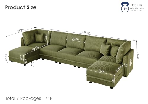 Image of LLappuil Modular Sectional Sofa with Storage, U-Shaped 7-Seat Corduroy Couch with 7 Throw Pillows, Pet-Friendly Convertible Sofa for Living Room & Apartment, Skin-Friendly, Green