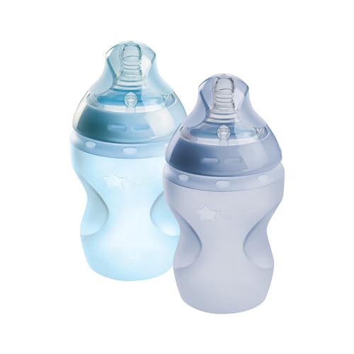 Image of Tommee Tippee Natural Start Anti Colic BPA Free Silicone Baby Bottles, 9oz, Newborn 0+ Months, Silicone Feels Like Mother's Skin, Slow Flow Breast-Like Teat, Blue, Pack of 2