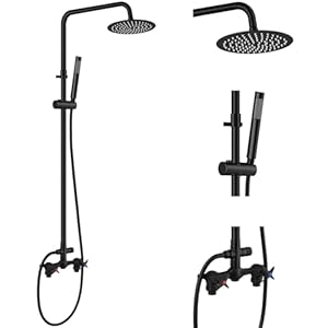 Aolemi Outdoor Shower Kit Outdoor Shower Fixtures Faucet System 2 Handle with 8 Inch Rainfall Shower Head and Handheld Sprayer Exposed Shower with Adjustable Height Shower Pipe Matte Black