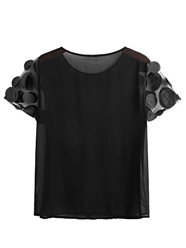 Romwe Women's Plus Size 3D Mesh Short Sleeve Crew Neck Elegant Blouse Tops Black-1 3X