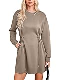 Dokotoo Women's Drawstrings Waistband Long Sleeves Crew Neck Sweatshirt Casual Mini Dress,Pale Khaki Medium
