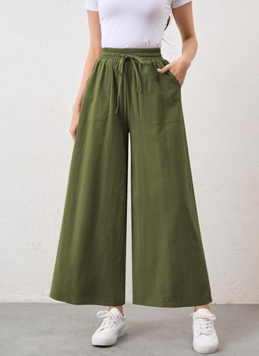 Womens Casual Linen Wide Leg Pants Trousers High Waisted Drawstring Tailored Baggy Pant Palazzo Lounge Pant Pockets2