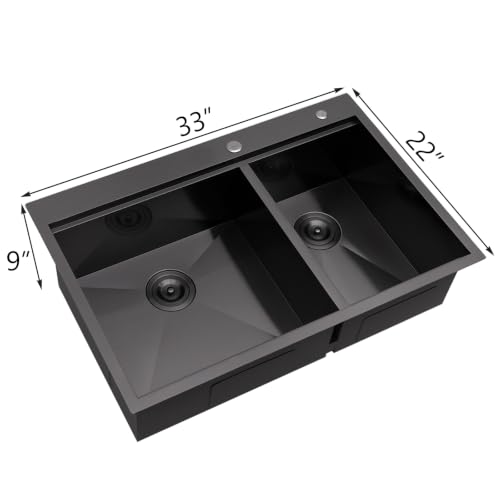 Image of 33 Inch Drop in 60 /40 Double Bowl Kitchen Sink Black, 33x22 Inch Gunmetal Black Drop In Kitchen Sink Ledge Workstation 16 Gauge Stainless Steel Topmount Dual Basin with Cutting Board