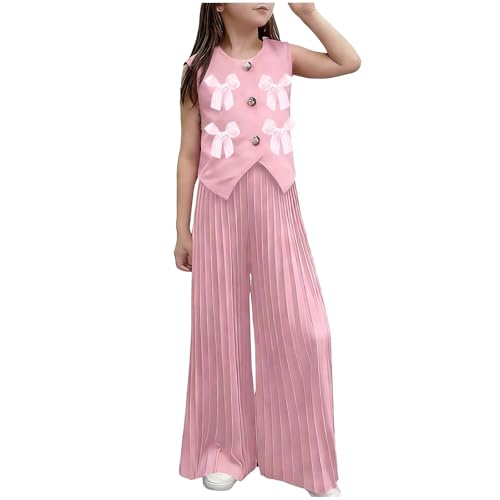 Girls Summer Clothing Set Cute Bow Sleeveless Button Up Blazer Vest with Pleated Wide Leg Pants 2 Piece Outfits for 2-9 Years