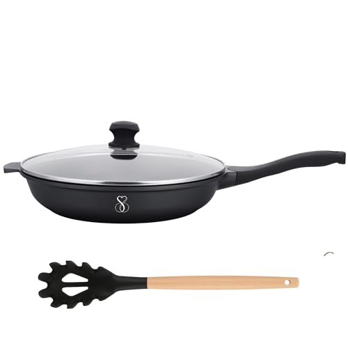 Stone&Stone Padella Antiaderente 32 cm, Rivestimento Tedesco GREBLON Q-LINE CK 3000 Superior, Ampia Superficie di Cottura, Fondo Acciaio Pieno per Induzione e Gas, NO PFAS e PTFE + Coperchio e Mestolo