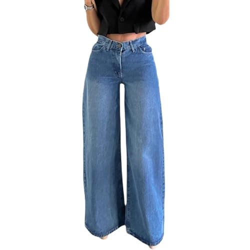 Image of Women's Straight Leg Jeans High Waisted Wide Leg Stretchy Baggy Denim Pants