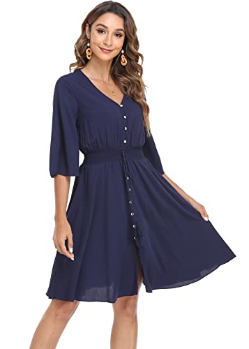 Image of VintageClothing Women's Floral Sundresses Flowy Boho Summer Beach Dress | Lightweight Breathable material,Elegant V Neck and Button Front Design,Flared Bell Sleeve Cut,Mini Casual dress