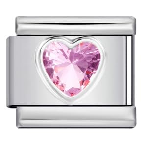 Mon & Sons February Pink Amethyst Smooth Love Heart Month Birth Year Birthday Stone Anniversary Birthstone Crystal Silver Italian 9mm Link Stainless Steel Bracelet Charm Compatible With 9mm Link