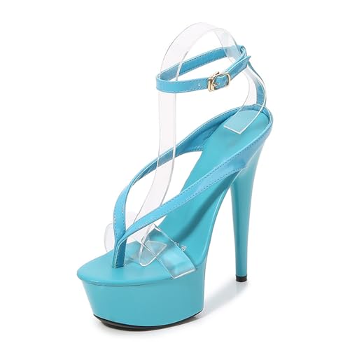 KKdhsfy 15 cm kvinnors plattform snörning klackade sandaler flip flop högklackade band festskor, BLÅ, 38 EU