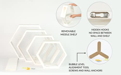 Extra Large Hexagon Floating Shelves Set Of 4 - Honeycomb Shelves - Octagon Shelves Rustic White - Wall Shelves Honeycomb Decor - Wooden Honey Comb Hexagon Shelf For Wall - Geometric Hexagonal Shelves #TOP3
