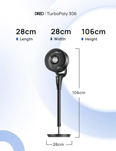 DREO Leiser Standventilator für Schlafzimmer [Verbessert], 27m Luftstrom, 20dB Leise, 90° Oszillierend, DC-Motor, 8 Geschwindigkeiten, 3 Modi, 96–106cm Höhenverstellbar, 8H Timer, 105° Manuell Neigbar