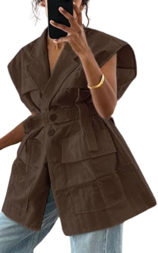 Women's Oversized Sleeveless Blazer Vest Casual Long Open Front Cargo Vest Top Lightweight Cardigan with Belt