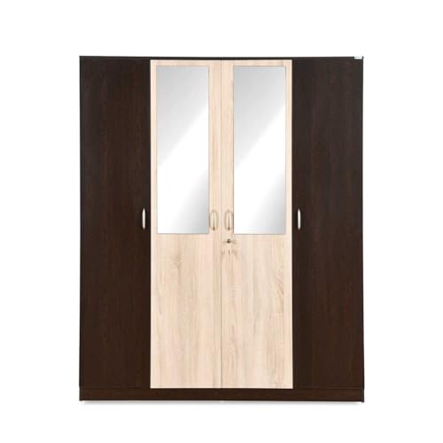 Image of Nilkamal Willy Neo 4 Door Wooden Wardrobe with Mirror for Bedroom | Almirah with 7 Shelves, 2 Hanging Rods, 1 Lockable Drawer | Clothes Cupboard | Engineered Wood | Wenge & Sonoma Oak
