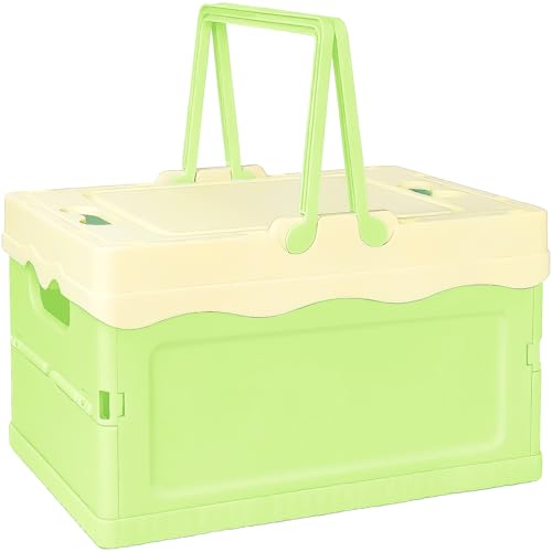 Tobeso-Nuoze Small Cute Pastel Plastic Storage Bin with Lid Foldable Pastel Crates Plastic Basket Colorful Storage Containers Baskets for Classroom Kitchen Office Bedroom Desktop Home Decor (Green)