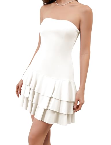 Image of Meladyan Women's 2025 Summer Strapless Tube Dress Sexy Off Shoulder Ruffle Tiered Flowy Mini Dresses White