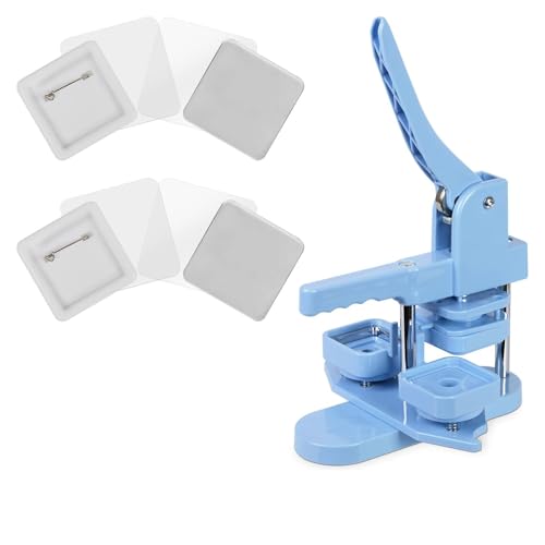 Image of BEAMNOVA Square Button Maker Machine with 200 Sets of Button Supplies Parts, 50 * 50mm Hand Press Pin Badge Making DIY Craft Items, Light Blue