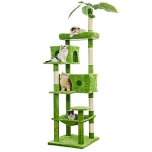 JISSBON 193cm Cat Tree for Indoor Cats, Multi Level Cat Tower with Scratching Posts, Large Plush Perch & Cat Condo with Leaves for Kittens, Adult Cats, Green