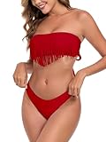 Colloyes Women's Strapless Bandeau Tassel Two Piece Swimsuit Low Waisted Cheeky Bottom Bikini Sets Red Size Medium