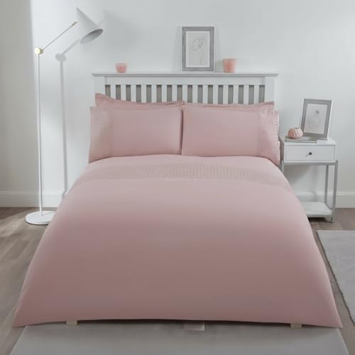 Sleepdown Lace Panel Band Border Blush Pink Luxury Soft Easy Care Duvet Cover Quilt Bedding Set with Pillowcases - King (220cm x 230cm), 5056242802440