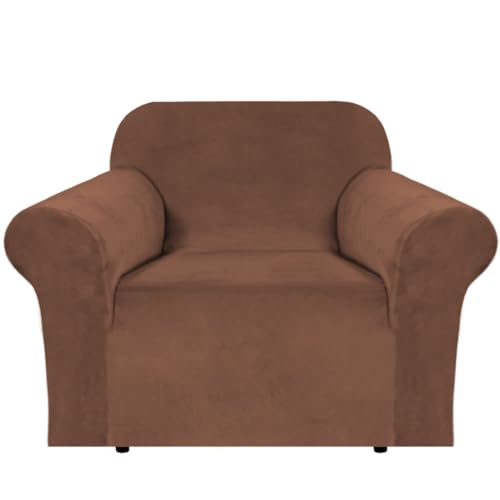 H.VERSAILTEX Stretch Velvet Armchair Cover Couch Covers 1 Cushion Chair Slipcover for Living Room Furniture Cover Crafted from Thick Comfy Rich Velour (Chair 31″-49″, Caramel)