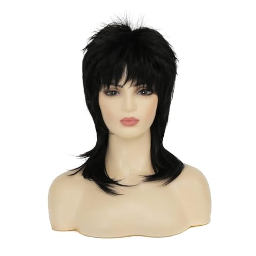Siudus Schwarz Vokuhila Perücken für Frauen 80er Jahre Schulter Länge Perücke Mullet 70er Jahre Synthetische Faser Haar Perücke mit Bangs für Cosplay Disco Rocker Verwenden