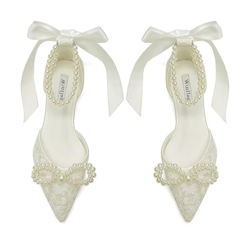 Image of Pearl Wedding Shoes for Bride Flat Lace Bride Shoes Pointed Toe Bridal Flats