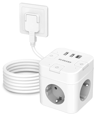 6 in 1 Steckdosenwürfel mit USB C 3 Fach Cube Steckdose Steckerleiste Flachstecker mit Einzeln Schaltbar Mehrfachstecker Würfel mit 4M Kabel für Büro Hause Reisen (Weiß)