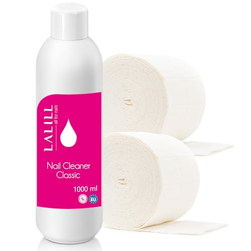 LALILL Cleaner Limpiador Uñas 1000ml Set - Desengrasante de Uñas con 1000 Almohadillas de Algodón - Nail Cleaner Degreaser de Uñas Para Uñas de Gel, Híbridos y Cepillos