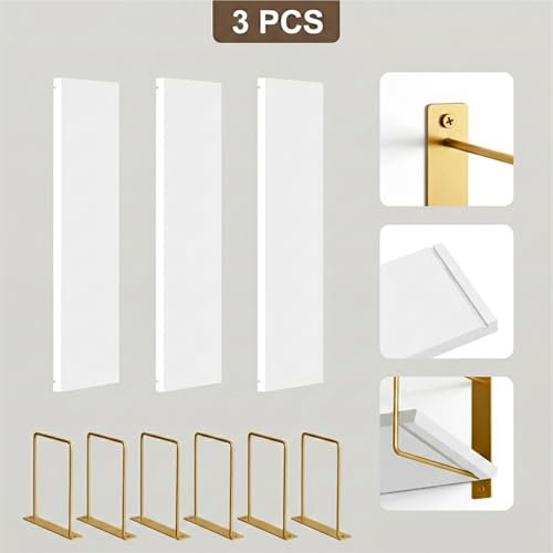 Image of Wall Mounted Bathroom Shelves Set of 3, White Rustic Wood Floating Shelves with Metal Brackets, Wall Storage Rack for Toiletries Organizer Washbasin Kitchen Living Room (Golden White)
