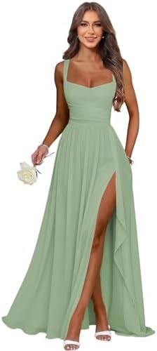 Bridesmaid Dresses Long Chiffon Ruffle Slit Pleated Evening Dress...
