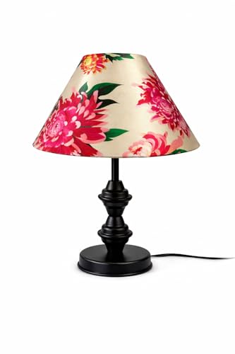 Image of tu casa Modern Table Lamp with Crimson Floral Satin Shade | Metal Iron Base Decorative lamp for Living Room| Study & Home Decor, Designer Table Lamp for Gifting (Ivory Daisy)